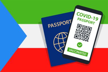 Covid-19 Ekvator Gine Bayrak Arkaplanı Pasaportu. Aşılandı. QR kodu. Akıllı telefonmuş. Bağışıklık Sertifikası. Aşılama Belgesi. Vektör illüstrasyonu