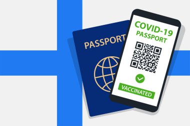 Finlandiya Bayrak Arkaplanda Covid-19 pasaportu. Aşılandı. QR kodu. Akıllı telefonmuş. Bağışıklık Sertifikası. Aşılama Belgesi. Vektör illüstrasyonu