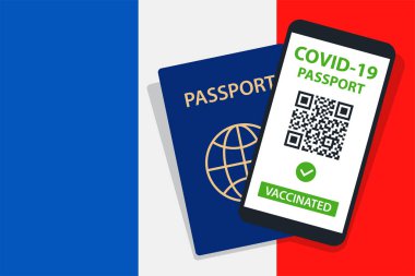 Fransa Bayrak Arkaplanı 'nda Covid-19 pasaportu. Aşılandı. QR kodu. Akıllı telefonmuş. Bağışıklık Sertifikası. Aşılama Belgesi. Vektör illüstrasyonu
