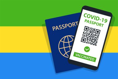 Gabon Bayrak Arkaplanı 'nda Covid-19 Pasaportu. Aşılandı. QR kodu. Akıllı telefonmuş. Bağışıklık Sertifikası. Aşılama Belgesi. Vektör illüstrasyonu