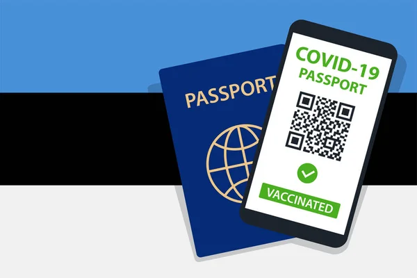 Covid Passport Estonia Flag Background Inglés Vacunado Código Smartphone Inmune — Vector de stock