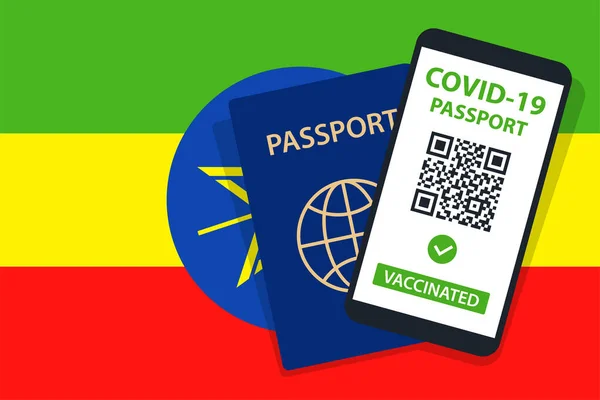 Covid Passport Ethiopia Flag Background Vaccinated Code Smartphone Immune Health — Stock Vector