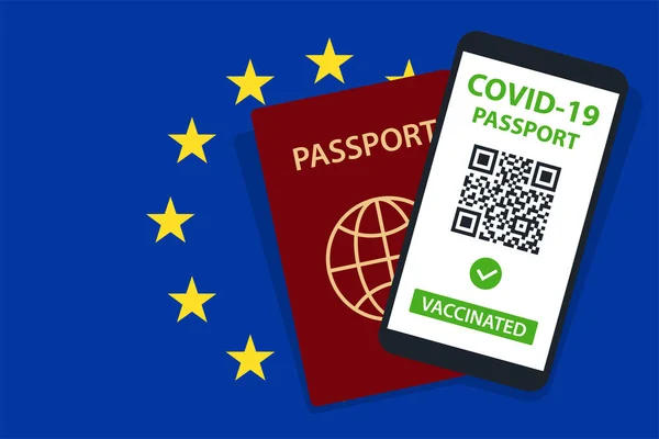 欧盟旗帜背景的Covid 19护照 接种疫苗 Qr代码 智能手机Smartphone 免疫健康证明书 疫苗接种文件 矢量说明 — 图库矢量图片