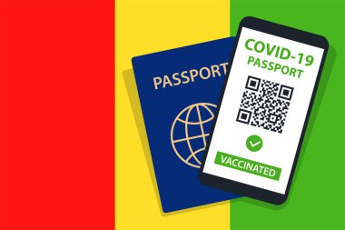 Gine Bayrak Arkaplanı 'nda Covid-19 Pasaportu. Aşılandı. QR kodu. Akıllı telefonmuş. Bağışıklık Sertifikası. Aşılama Belgesi. Vektör illüstrasyonu
