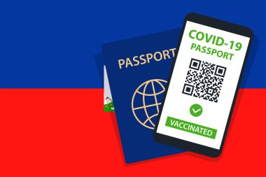 Guyana Bayrak Arkaplanı 'ndaki Covid-19 Pasaportu. Aşılandı. QR kodu. Akıllı telefonmuş. Bağışıklık Sertifikası. Aşılama Belgesi. Vektör illüstrasyonu