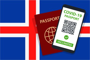 İzlanda Bayrak Arkaplanı 'nda Covid-19 Pasaportu. Aşılandı. QR kodu. Akıllı telefonmuş. Bağışıklık Sertifikası. Aşılama Belgesi. Vektör illüstrasyonu