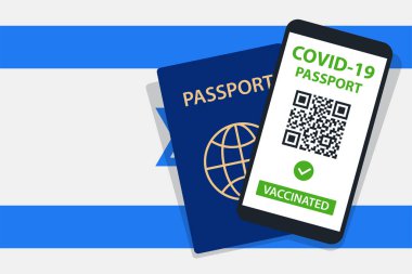 İsrail Bayrak Arkaplanı 'nda Covid-19 pasaportu. Aşılandı. QR kodu. Akıllı telefonmuş. Bağışıklık Sertifikası. Aşılama Belgesi. Vektör illüstrasyonu