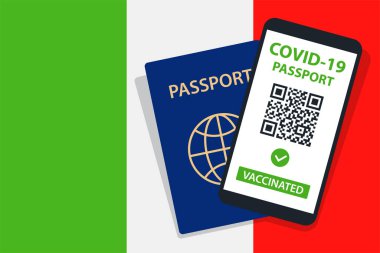 İtalya Bayrak Arkaplanı 'nda Covid-19 Pasaportu. Aşılandı. QR kodu. Akıllı telefonmuş. Bağışıklık Sertifikası. Aşılama Belgesi. Vektör illüstrasyonu