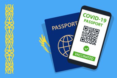 Kazakistan Bayrak Arkaplanı 'nda Covid-19 pasaportu. Aşılandı. QR kodu. Akıllı telefonmuş. Bağışıklık Sertifikası. Aşılama Belgesi. Vektör illüstrasyonu