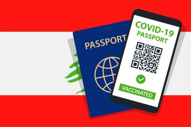 Lübnan Bayrak Arkaplan 'ında Covid-19 Pasaportu. Aşılandı. QR kodu. Akıllı telefonmuş. Bağışıklık Sertifikası. Aşılama Belgesi. Vektör illüstrasyonu