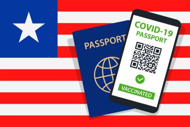 Liberya Bayrak Arkaplanı 'nda Covid-19 Pasaportu. Aşılandı. QR kodu. Akıllı telefonmuş. Bağışıklık Sertifikası. Aşılama Belgesi. Vektör illüstrasyonu