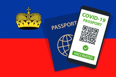 Liechtenstein Bayrak Arkaplanındaki Covid-19 Pasaportu. Aşılandı. QR kodu. Akıllı telefonmuş. Bağışıklık Sertifikası. Aşılama Belgesi. Vektör illüstrasyonu