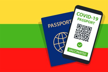 Litvanya Bayrak Arkaplanı 'nda Covid-19 Pasaportu. Aşılandı. QR kodu. Akıllı telefonmuş. Bağışıklık Sertifikası. Aşılama Belgesi. Vektör illüstrasyonu