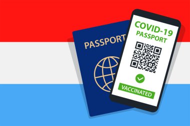 Lüksemburg Bayrak Arkaplanı 'nda Covid-19 Pasaportu. Aşılandı. QR kodu. Akıllı telefonmuş. Bağışıklık Sertifikası. Aşılama Belgesi. Vektör illüstrasyonu