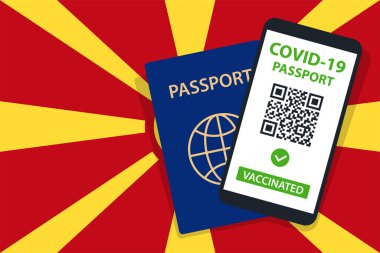 Kuzey Makedonya Bayrak Arkaplanda Covid-19 Pasaportu. Aşılandı. QR kodu. Akıllı telefonmuş. Bağışıklık Sertifikası. Aşılama Belgesi. Vektör illüstrasyonu