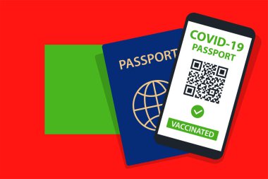 Maldivler Bayrak Arkaplanı 'ndaki Covid-19 Pasaportu. Aşılandı. QR kodu. Akıllı telefonmuş. Bağışıklık Sertifikası. Aşılama Belgesi. Vektör illüstrasyonu