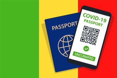 Mali Bayrak Arkaplanı 'nda Covid-19 Pasaportu. Aşılandı. QR kodu. Akıllı telefonmuş. Bağışıklık Sertifikası. Aşılama Belgesi. Vektör illüstrasyonu