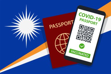 Marshall Adaları Bayrak Arkaplanı 'ndaki Covid-19 Pasaportu. Aşılandı. QR kodu. Akıllı telefonmuş. Bağışıklık Sertifikası. Aşılama Belgesi. Vektör illüstrasyonu