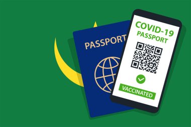 Moritanya Bayrak Arkaplanı 'nda Covid-19 Pasaportu. Aşılandı. QR kodu. Akıllı telefonmuş. Bağışıklık Sertifikası. Aşılama Belgesi. Vektör illüstrasyonu