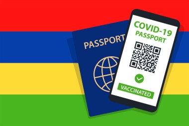 Mauritius Bayrak Arkaplanı 'ndaki Covid-19 Pasaportu. Aşılandı. QR kodu. Akıllı telefonmuş. Bağışıklık Sertifikası. Aşılama Belgesi. Vektör illüstrasyonu