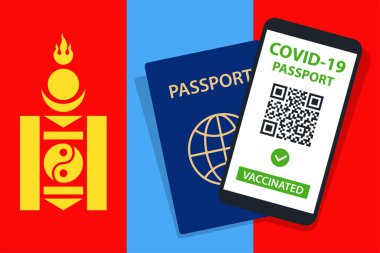 Moğolistan Bayrak Arkaplan 'ında Covid-19 Pasaportu. Aşılandı. QR kodu. Akıllı telefonmuş. Bağışıklık Sertifikası. Aşılama Belgesi. Vektör illüstrasyonu