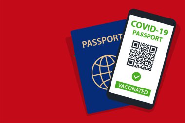 Fas Bayrak Arkaplanı 'nda Covid-19 Pasaportu. Aşılandı. QR kodu. Akıllı telefonmuş. Bağışıklık Sertifikası. Aşılama Belgesi. Vektör illüstrasyonu