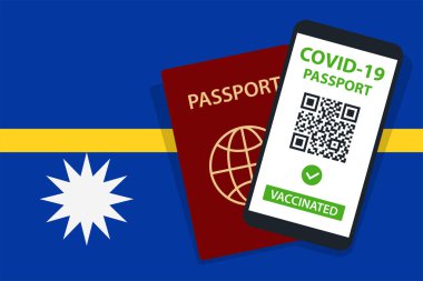 Nauru Bayrak Arkaplanı 'nda Covid-19 pasaportu. Aşılandı. QR kodu. Akıllı telefonmuş. Bağışıklık Sertifikası. Aşılama Belgesi. Vektör illüstrasyonu