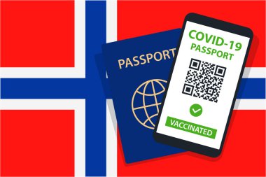 Norveç Bayrak Arkaplanı 'nda Covid-19 Pasaportu. Aşılandı. QR kodu. Akıllı telefonmuş. Bağışıklık Sertifikası. Aşılama Belgesi. Vektör illüstrasyonu