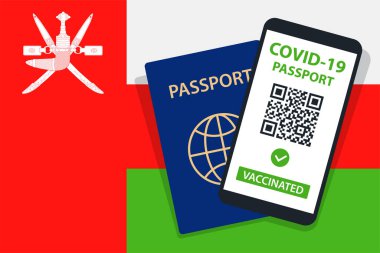 Umman Bayrağı Arkaplanı 'nda Covid-19 pasaportu. Aşılandı. QR kodu. Akıllı telefonmuş. Bağışıklık Sertifikası. Aşılama Belgesi. Vektör illüstrasyonu