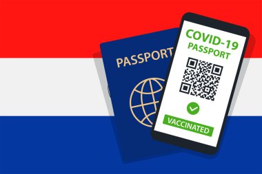 Paraguay Bayrak Arkaplanı 'ndaki Covid-19 Pasaportu. Aşılandı. QR kodu. Akıllı telefonmuş. Bağışıklık Sertifikası. Aşılama Belgesi. Vektör illüstrasyonu