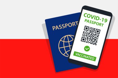 Polonya Bayrak Arkaplanı 'nda Covid-19 Pasaportu. Aşılandı. QR kodu. Akıllı telefonmuş. Bağışıklık Sertifikası. Aşılama Belgesi. Vektör illüstrasyonu