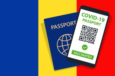 Romanya Bayrak Arkaplanda Covid-19 Pasaportu. Aşılandı. QR kodu. Akıllı telefonmuş. Bağışıklık Sertifikası. Aşılama Belgesi. Vektör illüstrasyonu