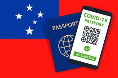 Samoa Bayrak Arkaplanı 'ndaki Covid-19 Pasaportu. Aşılandı. QR kodu. Akıllı telefonmuş. Bağışıklık Sertifikası. Aşılama Belgesi. Vektör illüstrasyonu