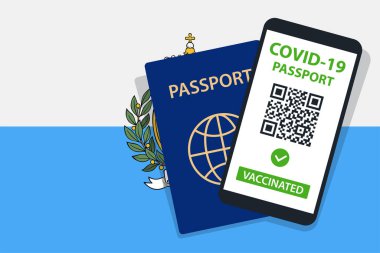 San Marino Bayrak Arkaplanı 'nda Covid-19 Pasaportu. Aşılandı. QR kodu. Akıllı telefonmuş. Bağışıklık Sertifikası. Aşılama Belgesi. Vektör illüstrasyonu