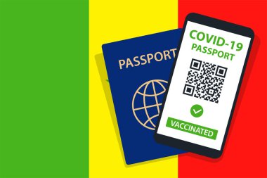 Senegal Bayrak Arkaplanı 'nda Covid-19 pasaportu. Aşılandı. QR kodu. Akıllı telefonmuş. Bağışıklık Sertifikası. Aşılama Belgesi. Vektör illüstrasyonu