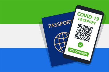 Sierra Leone Bayrak Arkaplanı 'nda Covid-19 Pasaportu. Aşılandı. QR kodu. Akıllı telefonmuş. Bağışıklık Sertifikası. Aşılama Belgesi. Vektör illüstrasyonu