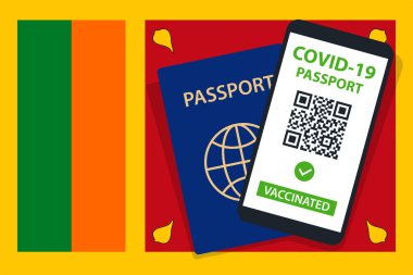 Sri Lanka Bayrak Arkaplanı 'nda Covid-19 pasaportu. Aşılandı. QR kodu. Akıllı telefonmuş. Bağışıklık Sertifikası. Aşılama Belgesi. Vektör illüstrasyonu