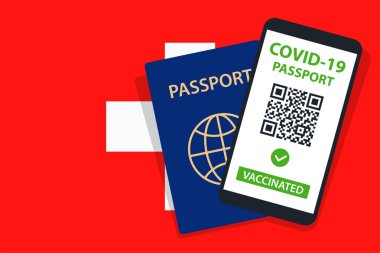 İsviçre Bayrak Arkaplanda Covid-19 Pasaportu. Aşılandı. QR kodu. Akıllı telefonmuş. Bağışıklık Sertifikası. Aşılama Belgesi. Vektör illüstrasyonu
