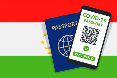 Tacikistan Bayrak Arkaplanı 'nda Covid-19 Pasaportu. Aşılandı. QR kodu. Akıllı telefonmuş. Bağışıklık Sertifikası. Aşılama Belgesi. Vektör illüstrasyonu
