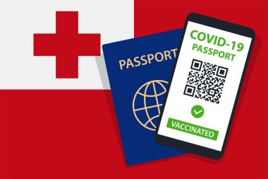 Tonga Bayrak Arkaplanı 'nda Covid-19 Pasaportu. Aşılandı. QR kodu. Akıllı telefonmuş. Bağışıklık Sertifikası. Aşılama Belgesi. Vektör illüstrasyonu