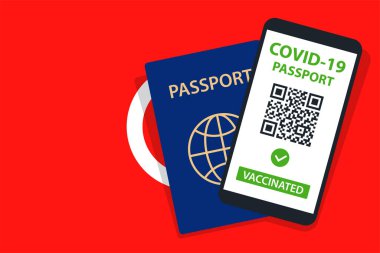 Tunus Bayrak Arkaplanı 'nda Covid-19 pasaportu. Aşılandı. QR kodu. Akıllı telefonmuş. Bağışıklık Sertifikası. Aşılama Belgesi. Vektör illüstrasyonu