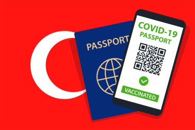 Covid-19 Türkiye Bayrak Arkaplan Pasaportu. Aşılandı. QR kodu. Akıllı telefonmuş. Bağışıklık Sertifikası. Aşılama Belgesi. Vektör illüstrasyonu
