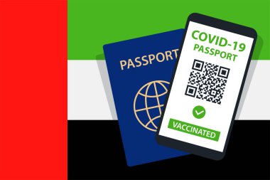 Birleşik Arap Emirlikleri Bayrak Arkaplanı 'ndaki Covid-19 Pasaportu. Aşılandı. QR kodu. Akıllı telefonmuş. Bağışıklık Sertifikası. Aşılama Belgesi. Vektör illüstrasyonu