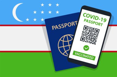 Özbekistan Bayrak Arkaplanı 'nda Covid-19 pasaportu. Aşılandı. QR kodu. Akıllı telefonmuş. Bağışıklık Sertifikası. Aşılama Belgesi. Vektör illüstrasyonu