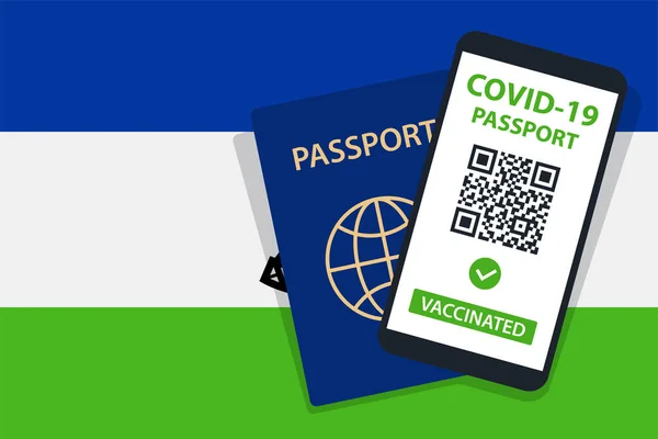 Pasaporte Covid Fondo Bandera Lesotho Vacunado Código Smartphone Inmune Health — Vector de stock