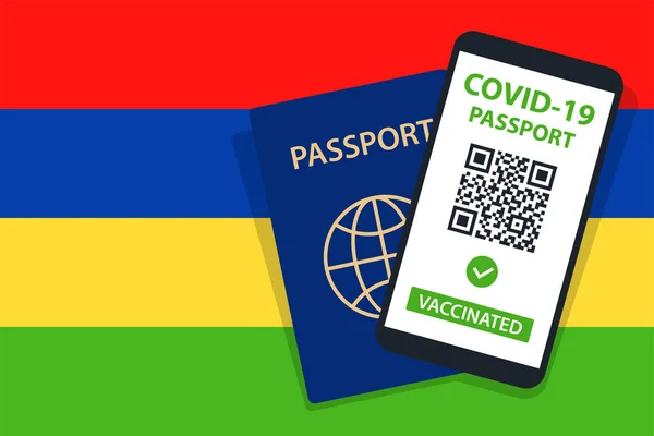 Covid Passport Mauritius Flag Background Vaccinated Code Smartphone Immune Health — Stock Vector