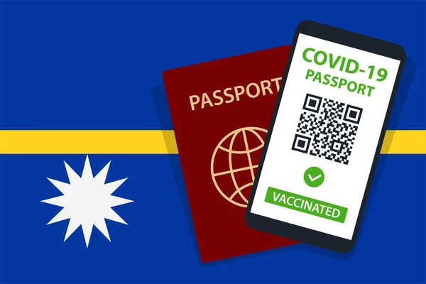 Passaporto Covid Sullo Sfondo Della Bandiera Nauru Vaccinato Codice Smartphone — Vettoriale Stock