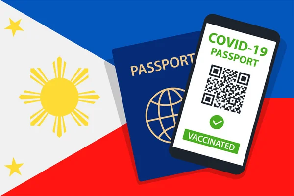 フィリピンの旗の背景にあるCovid 19パスポート ワクチン接種 Qrコード スマートフォン 免疫健康証明書 予防接種記録 ベクターイラスト — ストックベクタ
