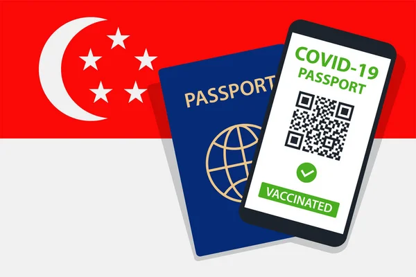 Pasaporte Covid Sobre Fondo Bandera Singapur Vacunado Código Smartphone Inmune — Vector de stock