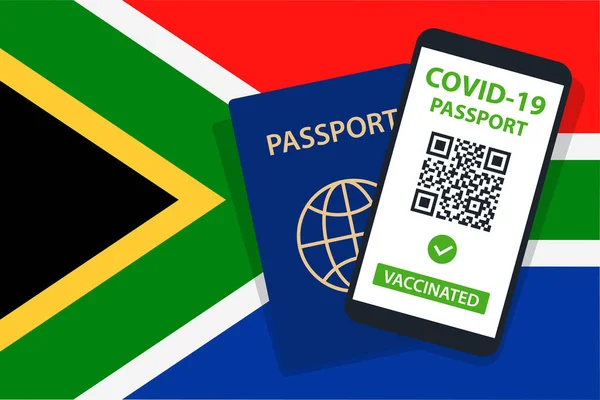 Covid Passaporto Sullo Sfondo Della Bandiera Sudafricana Vaccinato Codice Smartphone — Vettoriale Stock